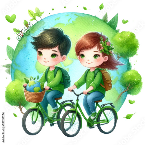 Two children riding bicycles, energy conservation, watercolor illustration, earth day theme, earth day celebration 