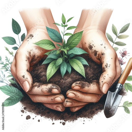 Hands holding a small plant, watercolor illustration, environmental protection, save the earth, earth day celebration