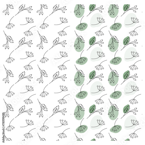Abstract outline branches with spots in trendy marker green Seamless patterns Set of 2 Springtime