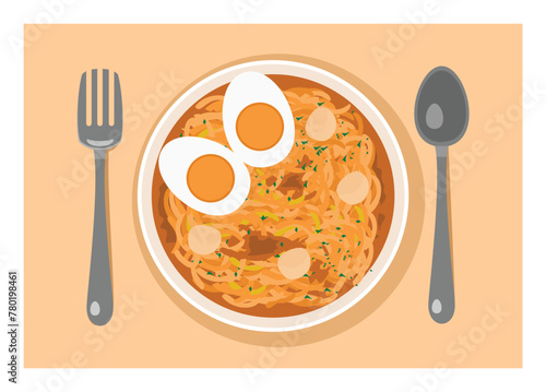 Hot soup noodle in a bowl with egg and sausage topping. Simple flat illustration.