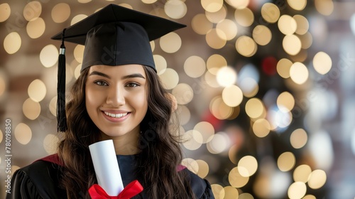 Female graduating student with diploma on light bokeh background.