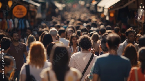 Crowds of people backs facing the camera move in different directions as they navigate through the packed street market each . . photo