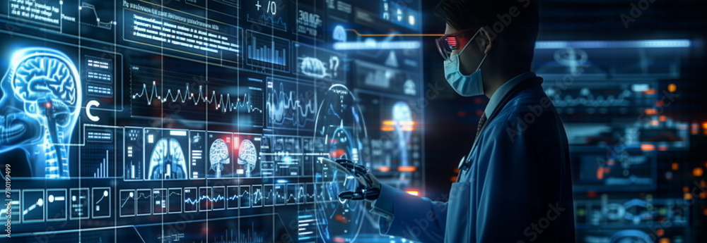 Fototapeta premium A doctor in front of an interactive digital display showing medical data and AI generated diagrams 