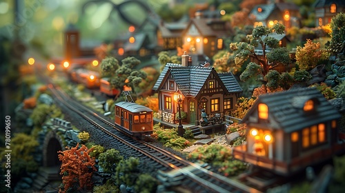 A detailed miniature model town, complete with tiny houses, trains, and trees, under soft lighting photo