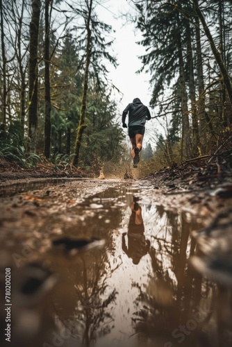 Trail runner splashes through a muddy puddle, reflecting the surrounding trees and sky