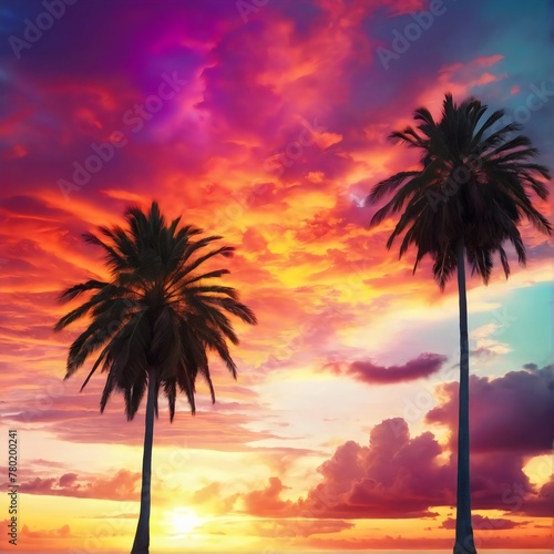 Summer Palm trees during sunrise time  Colorful clouds