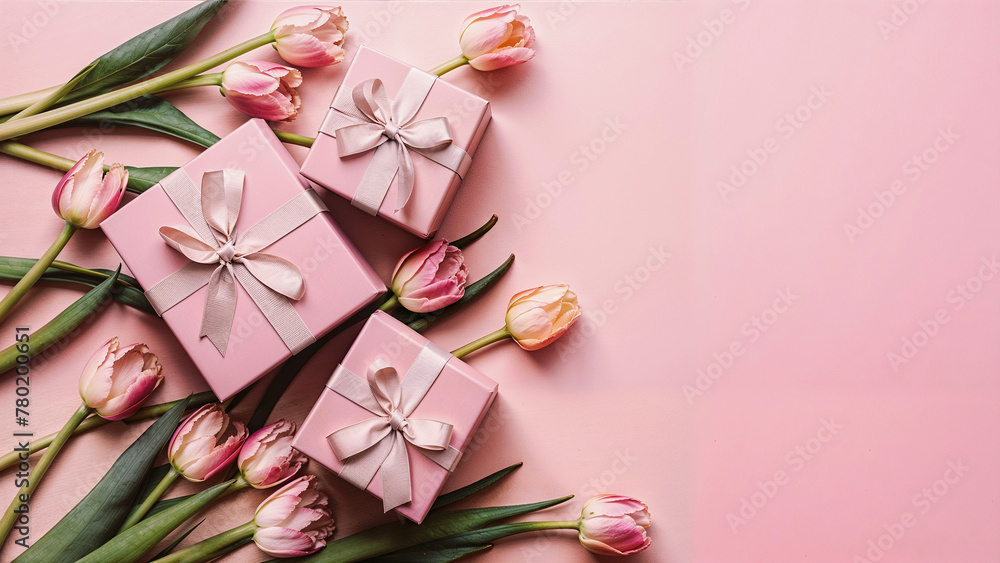 Fresh tulips and wrapped gifts on a soft pink background. Perfect for themes of love, gratitude and special occasions such as Mother's Day or Valentine's Day. Fresh tulips and wrapped gifts on a soft pink background. Perfect for themes of love, gratitude and special occasions such as Mother's Day or Valentine's Day.
