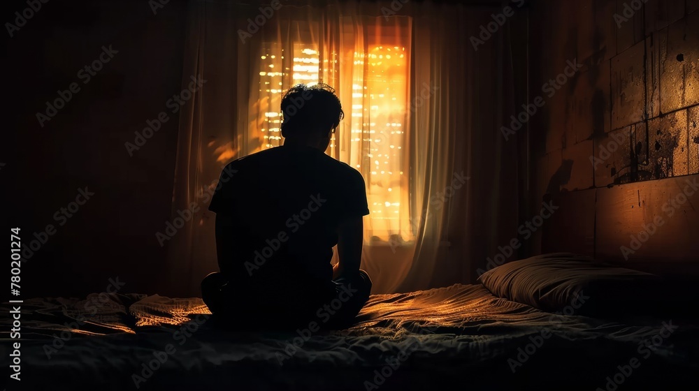 Silhouette depressed man sadly sitting on the bed in the bedroom. Sad asian man suffering depression insomnia awake and sit alone on the bed in bedroom. Depression health people concept