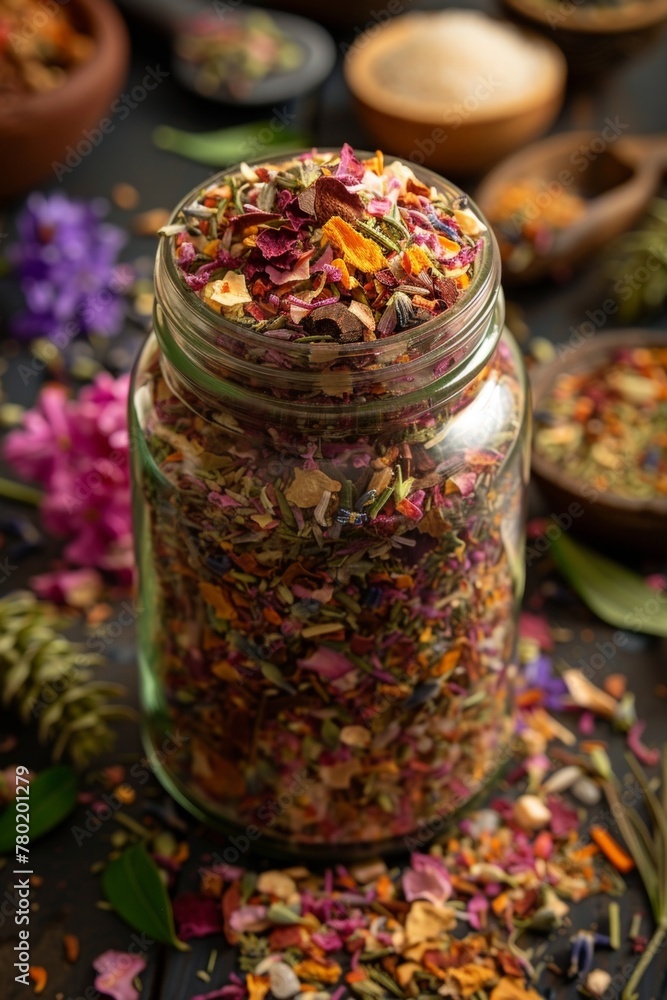 aromatherapy bath salts in a clear jar, emphasizing their colorful mix of botanicals and essential oils aromatherapy bath salts in a clear jar, emphasizing their colorful mix of botanicals and essential oils