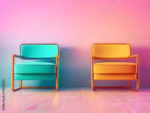 Two blue and yellow chairs set against a shaded purple background