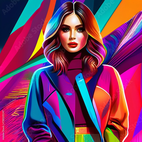 Female model with colorful outfit in abstract background