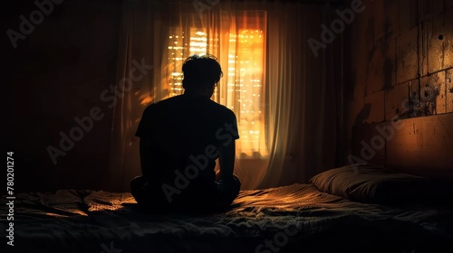 Silhouette depressed man sadly sitting on the bed in the bedroom. Sad asian man suffering depression insomnia awake and sit alone on the bed in bedroom. Depression health people concept