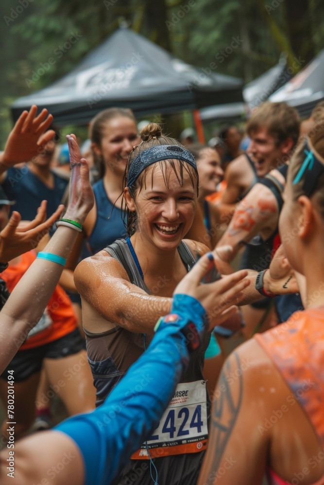 Obraz premium A diverse group of runners high-fiving at a water station