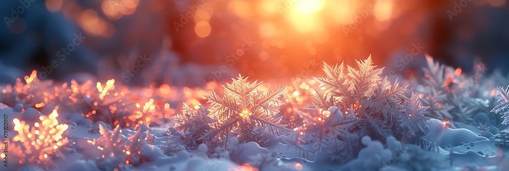 A frost-covered window, with delicate ice crystals forming intricate patterns against a sunrise backdrop - obrazy, fototapety, plakaty 