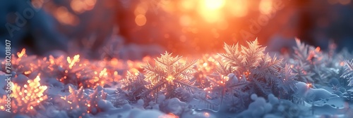 A frost-covered window, with delicate ice crystals forming intricate patterns against a sunrise backdrop