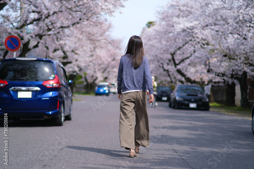 桜並木の道を歩くワイドパンツをはいた女性の後ろ姿