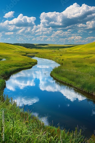 A panorama of a vast meadow with a winding river snaking through it, reflecting the vibrant blue sky