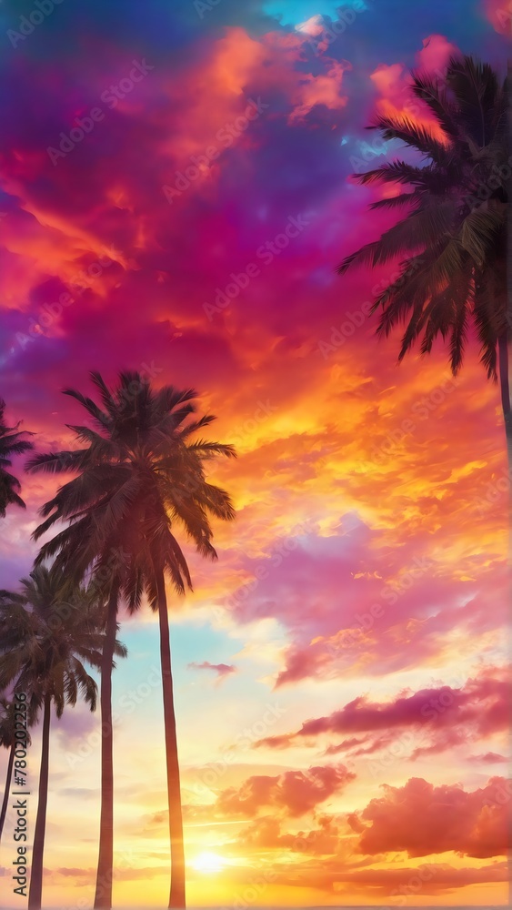 Summer Palm trees during sunrise time, Colorful clouds