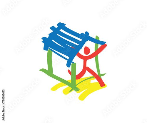 House and person running in hand drawn illustration