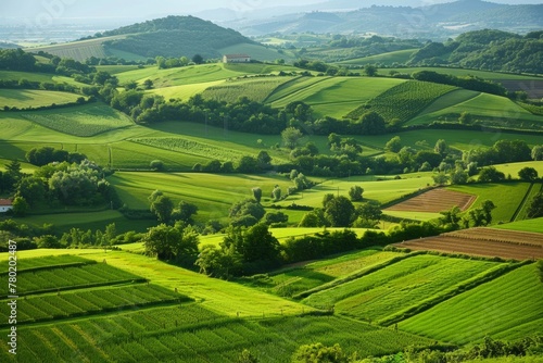 A panoramic vista of a patchwork of meadows and farmland, showcasing different shades of green and geometric patterns