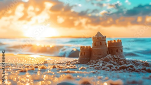 A sand castle is built on the beach with the sun shining on it.