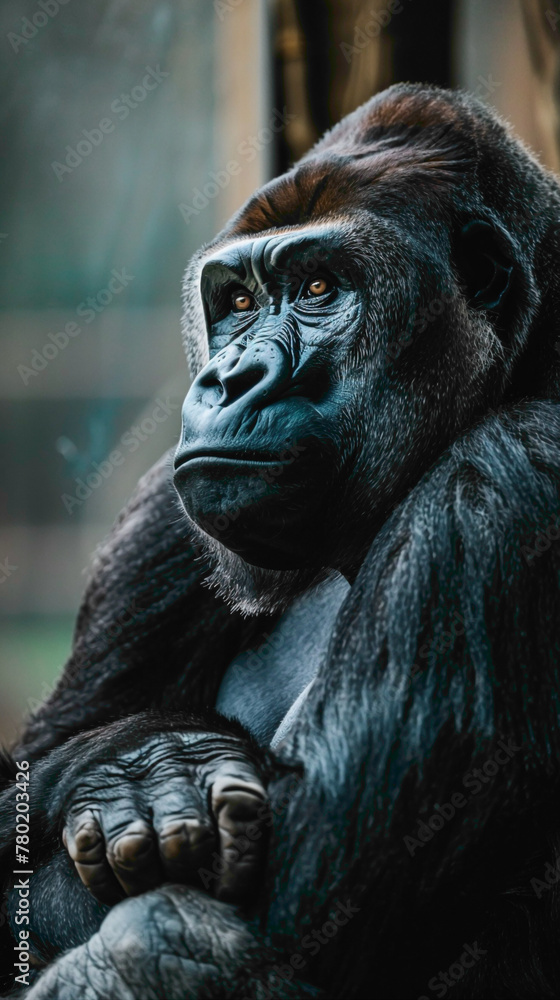 closeup of a Gorilla sitting calmly, hyperrealistic animal photography, copy space for writing