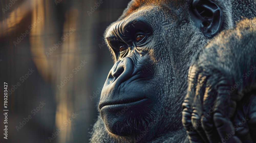 closeup of a Gorilla sitting calmly, hyperrealistic animal photography, copy space