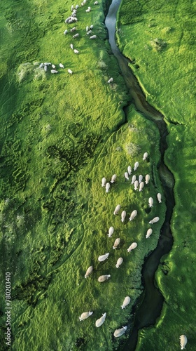 Aerial shot of a meadow dotted with grazing sheep, their white forms contrasting with the vibrant green landscape