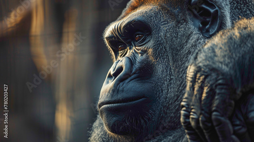 closeup of a Gorilla sitting calmly  hyperrealistic animal photography  copy space