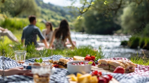 A group of friends sit on a picnic blanket backs towards the camera as they enjoy a simple meal of sandwiches and fruit. In . .