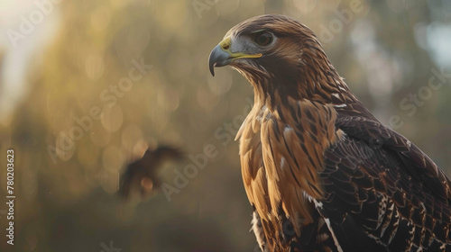 closeup of a Hawk sitting calmly, hyperrealistic animal photography, copy space