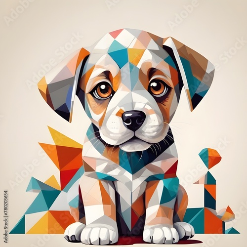 illustration of a cubism puppy dog, drawn with exceptional precision. The puppy, made up of geometric shapes, is a vibrant mix of colors and patterns, creating a playful and eye-catching design.