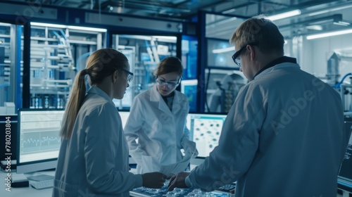 A team of scientists in lab coats discuss the data on a computer screen as a mobile processor in the background efficiently breaks down waste to produce sustainable fuel. .