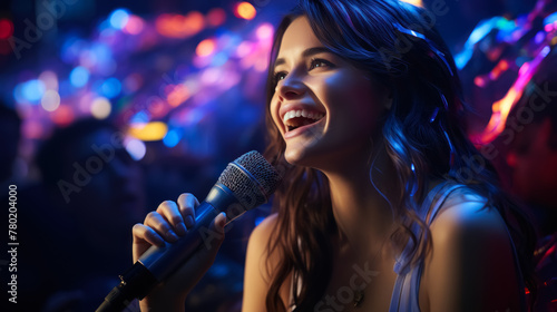 cheerful girl singing on a multicolored background