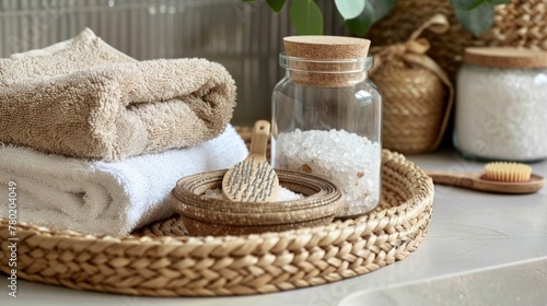 Close-up of a woven tray holding a stack of fluffy towels, a woven loofah, and a glass jar of bath salts with a wooden scoop