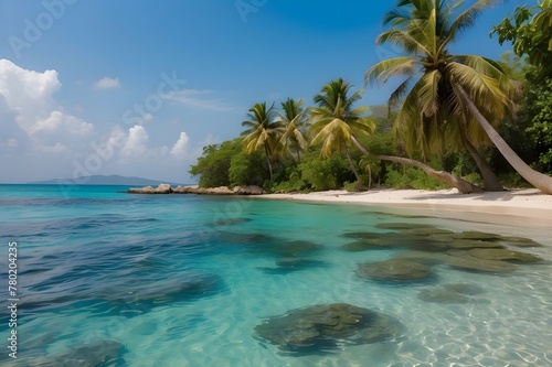 Jamaica Island has a lovely beach with palm trees and a blue water.