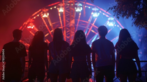 In the eerie glow of the ferris wheel a group of strangers face away from the camera silhouettes merging with the shadows and . .