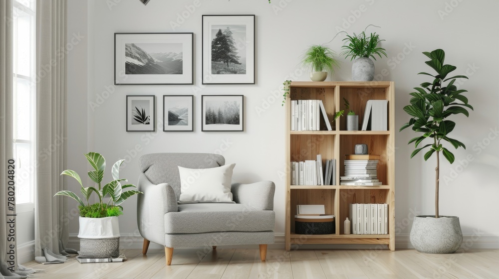 A cozy reading nook is nestled in the corner of the room with a comfortable gray armchair and a wooden bookshelf filled with books and some decorative plants. The walls are adorned . - obrazy, fototapety, plakaty 