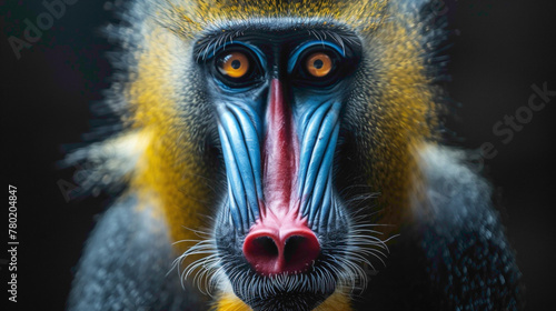closeup of a Mandrill sitting calmly, hyperrealistic animal photography, copy space for writing © animalground