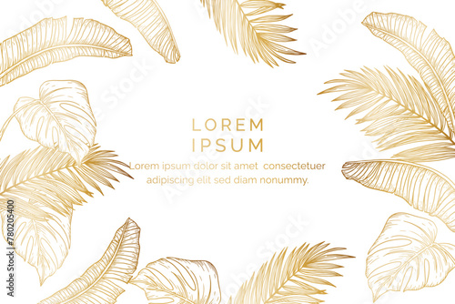Luxury gold nature background vector. Floral pattern, Golden split-leaf Philodendron plant with monstera plant line arts, Vector illustration.