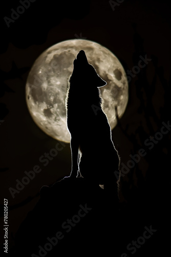  Silhouette of a howling wolf against a full moon at night