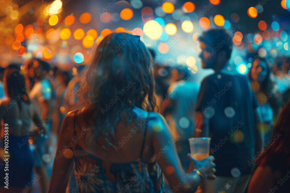 Out-of-focus crowd at a vibrant festival party concert with hipster vibes - festival atmosphere, outdoor event, social gathering.
