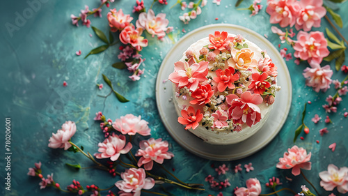 Artistic shot of a floralthemed cake from above, with ample space for copy photo