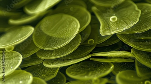 An electron microscopy image of stacked chloroplasts resembling a pile of green pancakes emphasizing their efficiency in capturing