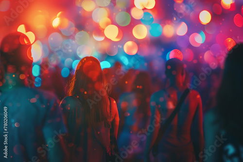Out-of-focus crowd at a vibrant festival party concert with hipster vibes - festival atmosphere, outdoor event, social gathering.
