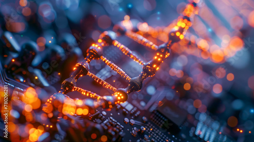 A double helix of DNA glowing with orange light, set against the backdrop of an advanced computer circuit board. symbolizing human humanity in science and technology