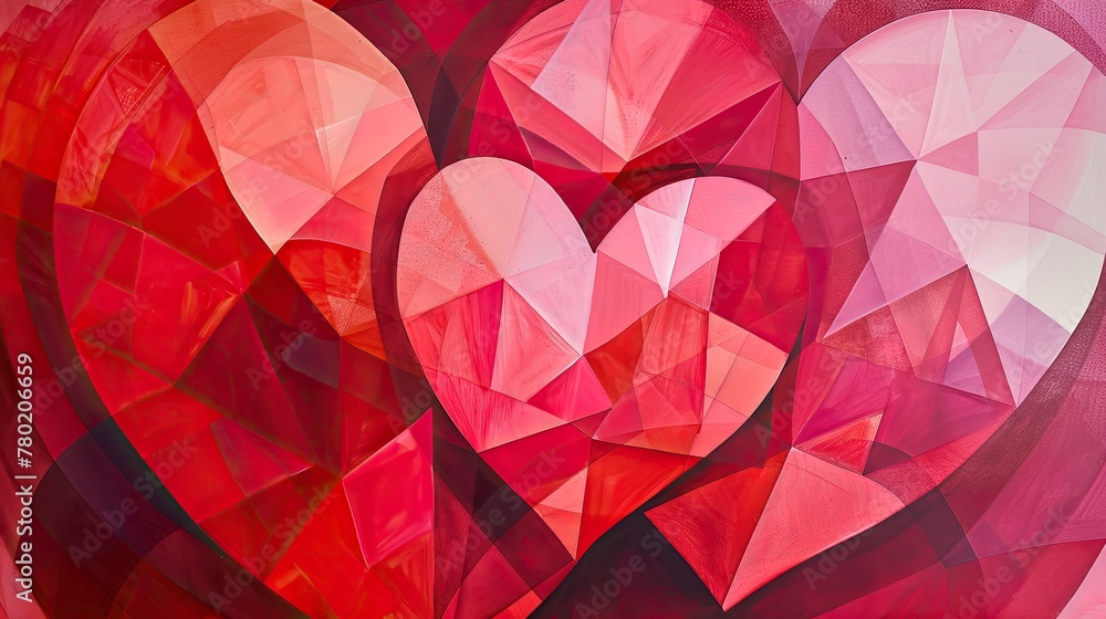 Overlapping geometric hearts in shades of red and pink Overlapping geometric hearts in shades of red and pink