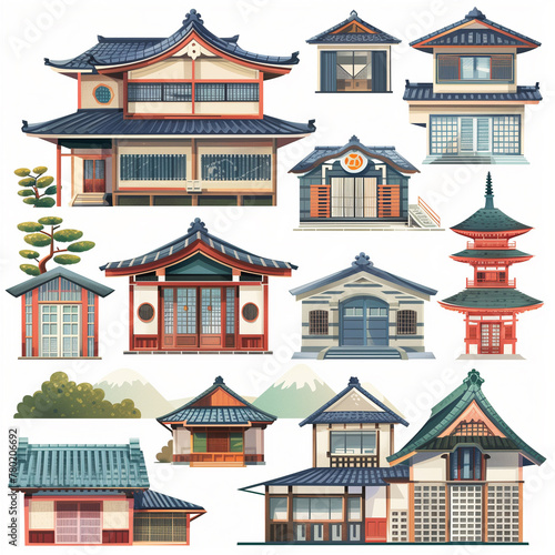 Set of illustration featuring a various of Japanese house style on white background, Generative AI