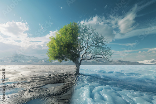 The contrasting earth and dying tree of global warming vs climate change.