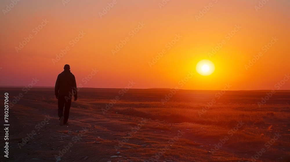 A lone traveler strays from the rest walking towards the distant horizon as the sun sets behind them. . .